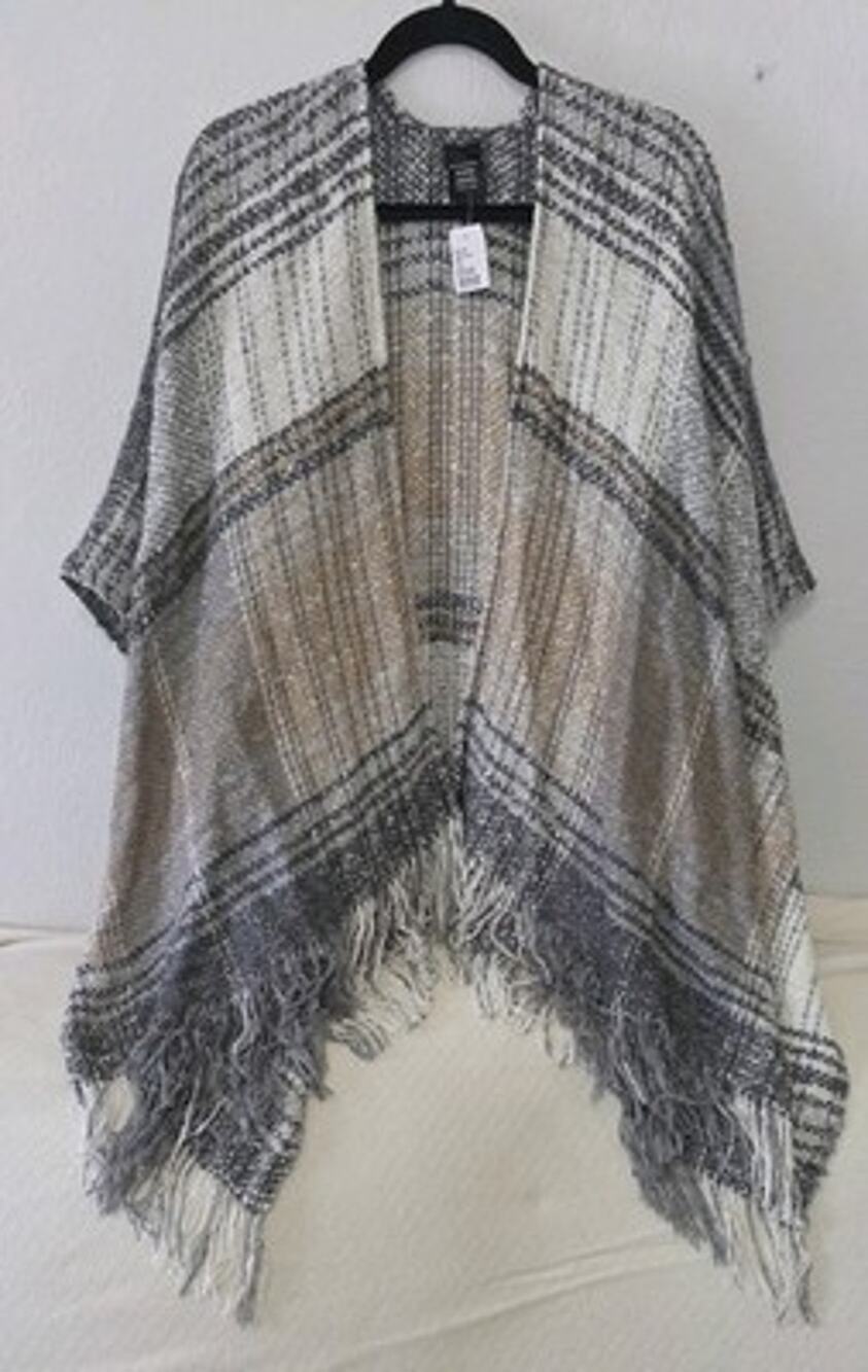 Saks Fifth Avenue Women's Plaid Knit Acrylic Fringe Shawl Wrap Gray Beige NWT